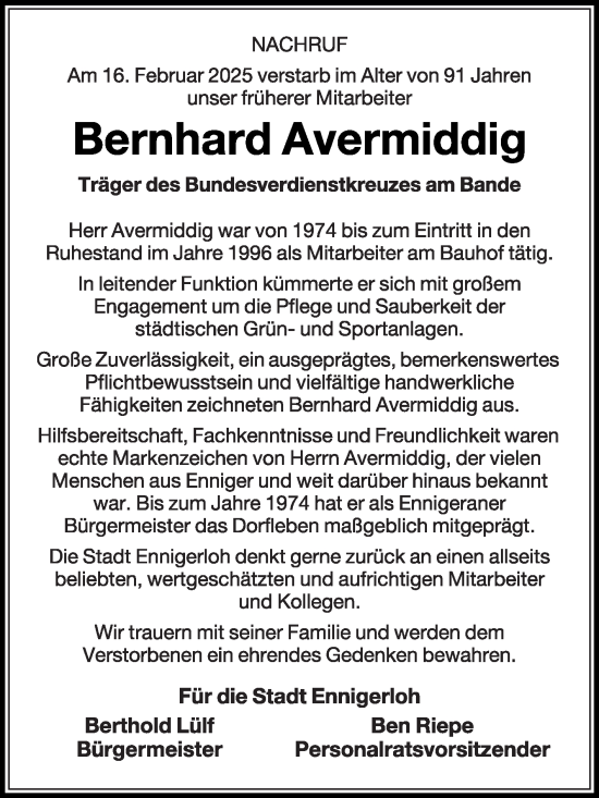 Traueranzeige von Bernhard Avermiddig von Die Glocke