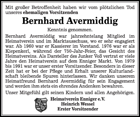 Traueranzeige von Bernhard Avermiddig von Die Glocke