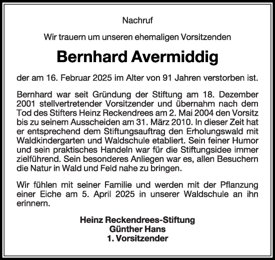 Traueranzeige von Bernhard Avermiddig von Die Glocke