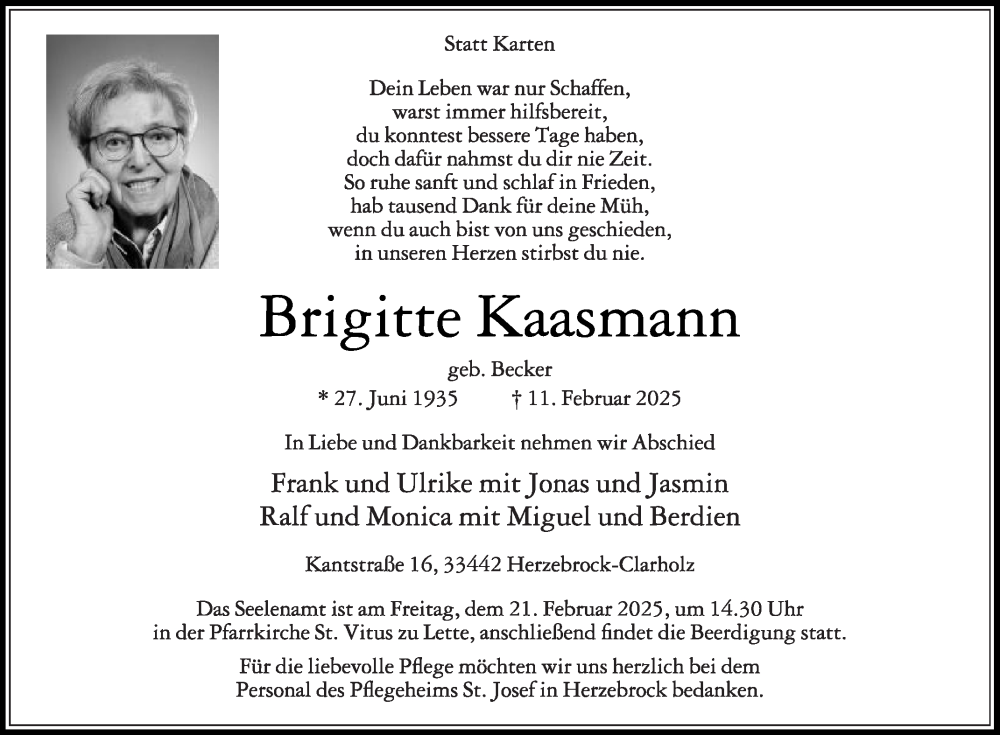  Traueranzeige für Brigitte Kaasmann vom 15.02.2025 aus Die Glocke