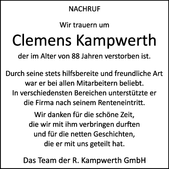 Traueranzeige von Clemens Kampwerth von Die Glocke