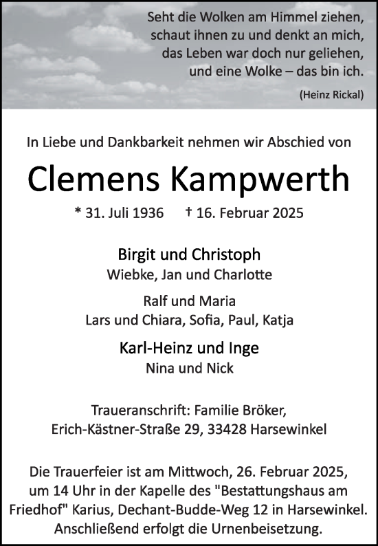 Traueranzeige von Clemens Kampwerth von Die Glocke