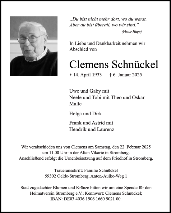 Traueranzeige von Clemens Schnückel von Die Glocke
