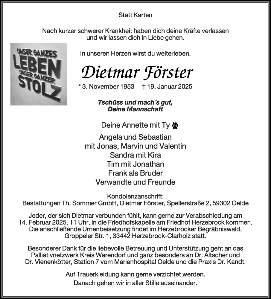  Traueranzeige für Dietmar Förster vom 01.02.2025 aus Die Glocke