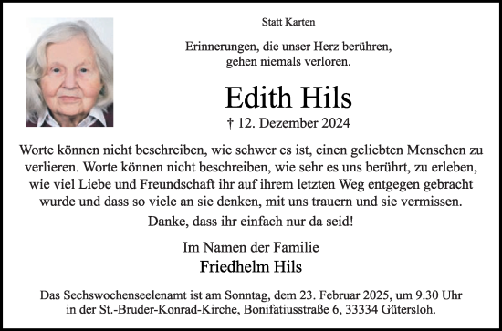 Traueranzeige von Edith Hils von Die Glocke