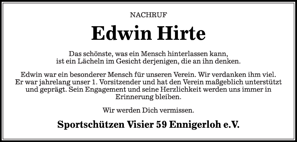  Traueranzeige für Edwin Hirte vom 22.02.2025 aus Die Glocke
