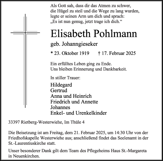 Traueranzeige von Elisabeth Pohlmann von Die Glocke