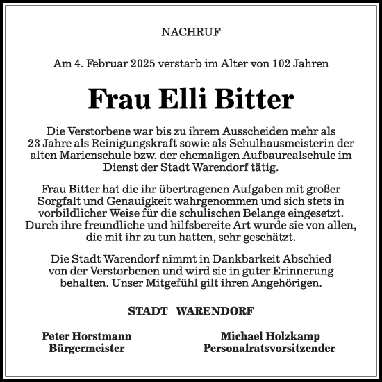 Traueranzeige von Elli Bitter von Die Glocke