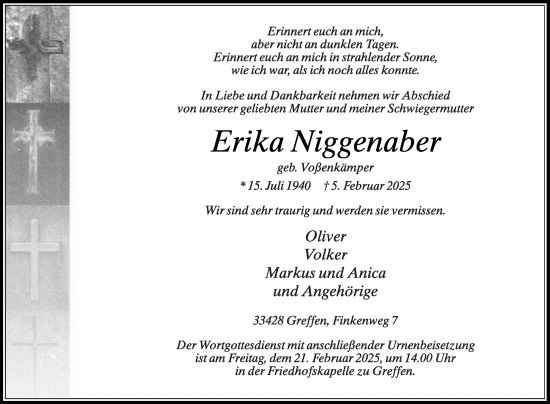 Traueranzeige von Erika Niggenaber von Die Glocke