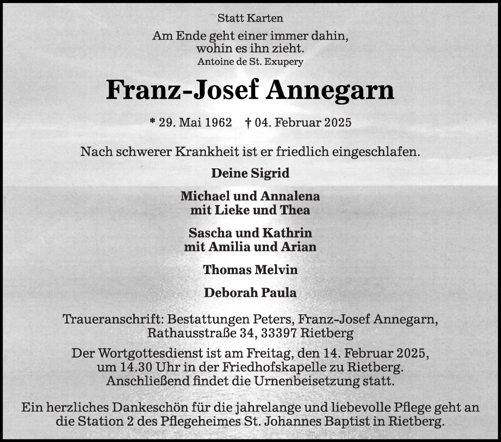  Traueranzeige für Franz-Josef Annegarn vom 08.02.2025 aus Die Glocke