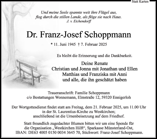 Traueranzeige von Franz-Josef Schoppmann von Die Glocke