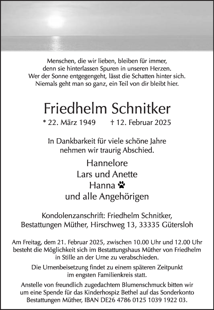  Traueranzeige für Friedhelm Schnitker vom 19.02.2025 aus Die Glocke