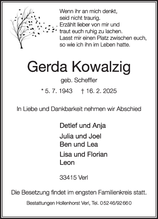 Traueranzeige von Gerda Kowalzig von Die Glocke