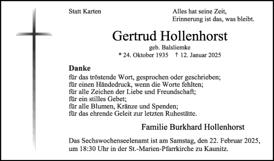 Traueranzeige von Gertrud Hollenhorst von Die Glocke