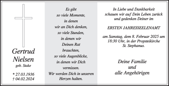 Traueranzeige von Gertrud Nielsen von Die Glocke