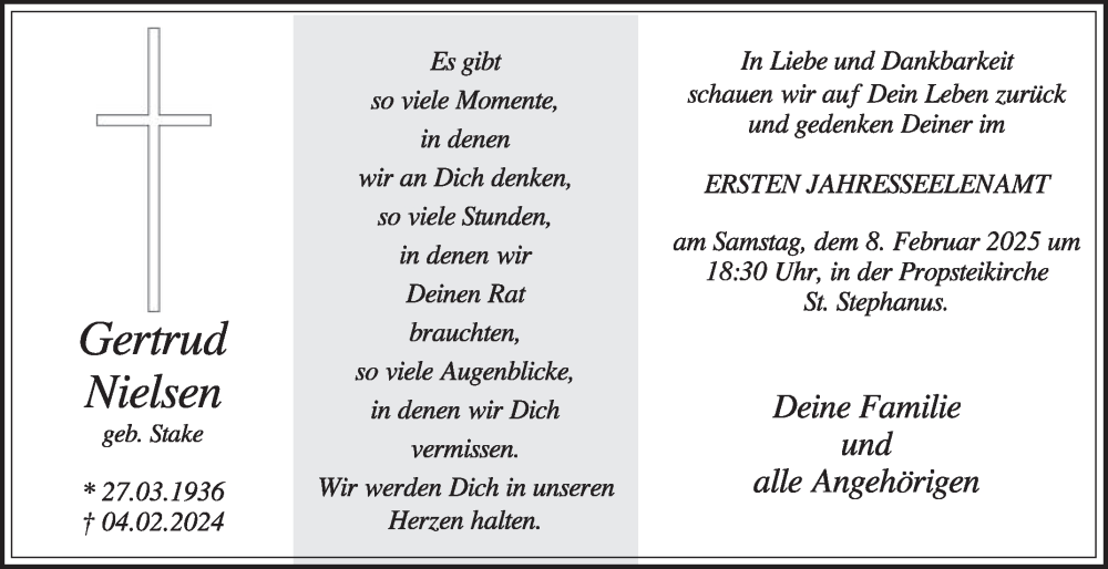  Traueranzeige für Gertrud Nielsen vom 01.02.2025 aus Die Glocke