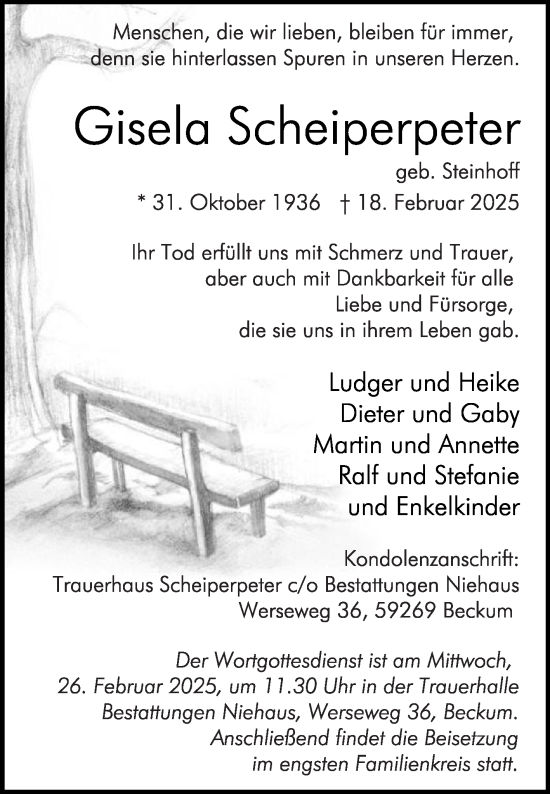 Traueranzeige von Gisela Scheiperpeter von Die Glocke