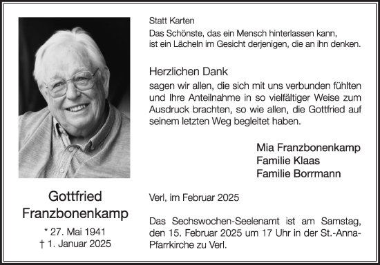 Traueranzeige von Gottfried Franzbonenkamp von Die Glocke