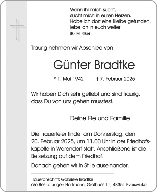 Traueranzeige von Günter Bradtke von Die Glocke