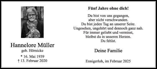 Traueranzeige von Hannelore Müller von Die Glocke