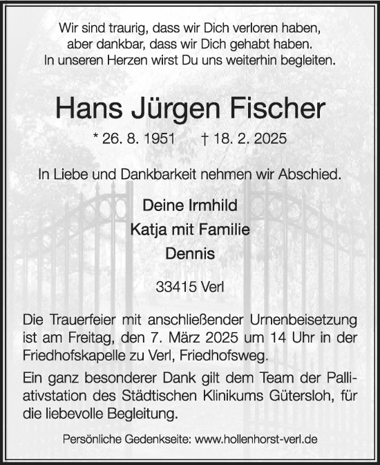 Traueranzeige von Hans Jürgen Fischer von Die Glocke
