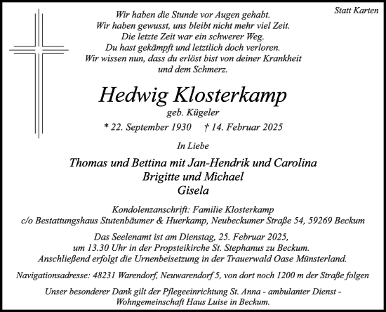 Traueranzeige von Hedwig Klosterkamp von Die Glocke