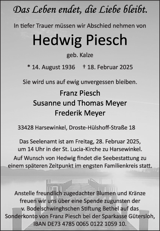 Traueranzeige von Hedwig Piesch von Die Glocke