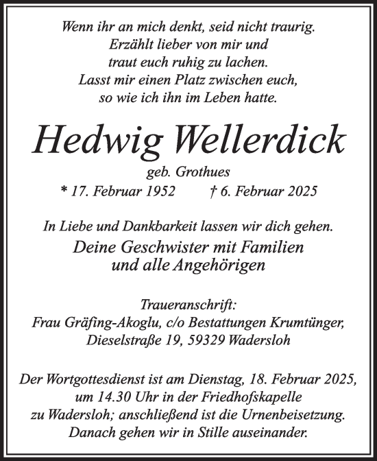 Traueranzeige von Hedwig Wellerdick von Die Glocke