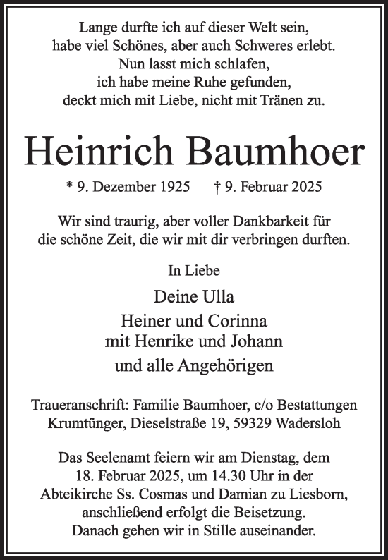 Traueranzeige von Heinrich Baumhoer von Die Glocke