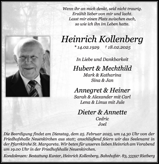Traueranzeige von Heinrich Kollenberg von Die Glocke