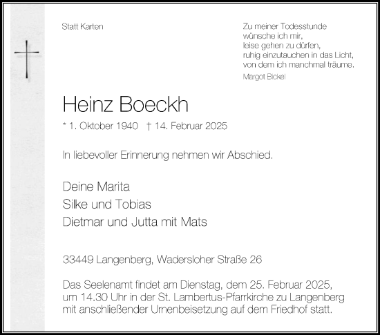 Traueranzeige von Heinz Boeckh von Die Glocke