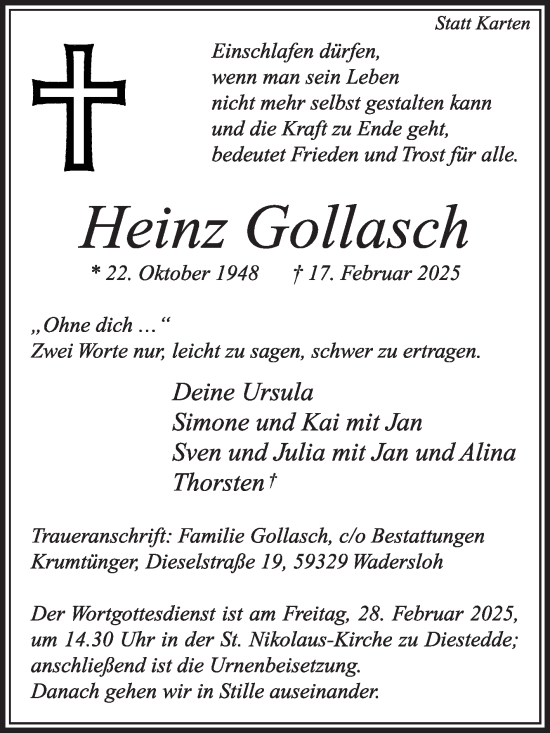 Traueranzeige von Heinz Gollasch von Die Glocke