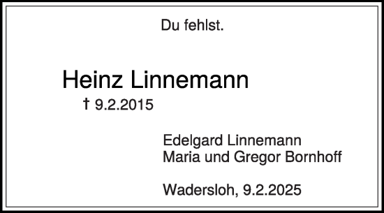 Traueranzeige von Heinz Linnemann von Die Glocke