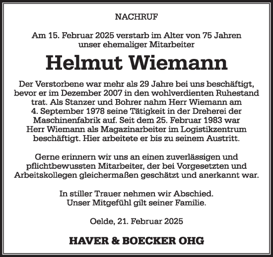 Traueranzeige von Helmut Wiemann von Die Glocke