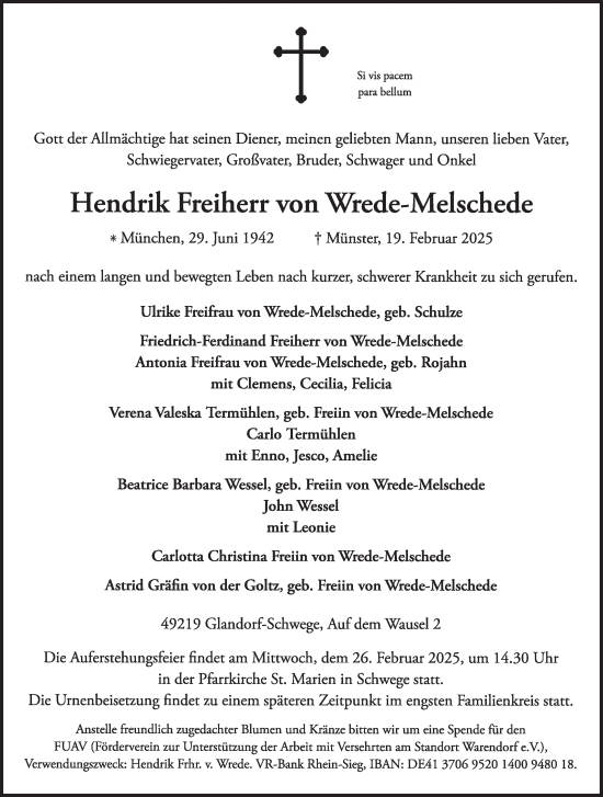 Traueranzeige von Hendrik Freiherr von Wrede-Melschede von Die Glocke