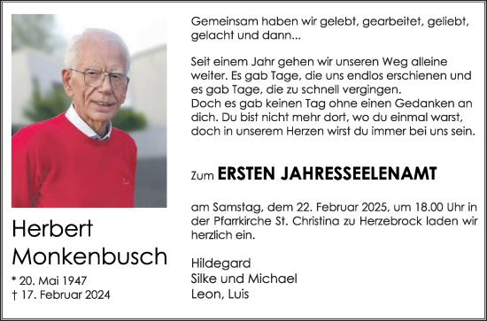Traueranzeige von Herbert Monkenbusch von Die Glocke