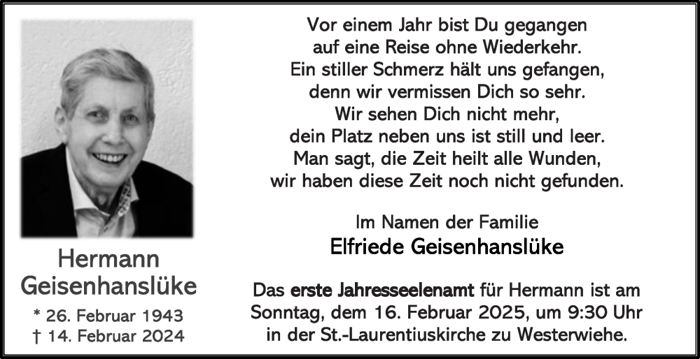  Traueranzeige für Hermann Geisenhanslüke vom 08.02.2025 aus Die Glocke