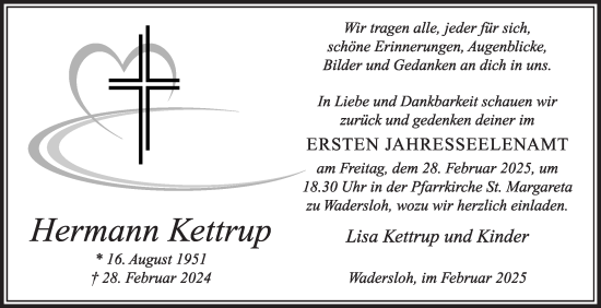 Traueranzeige von Hermann Kettrup von Die Glocke
