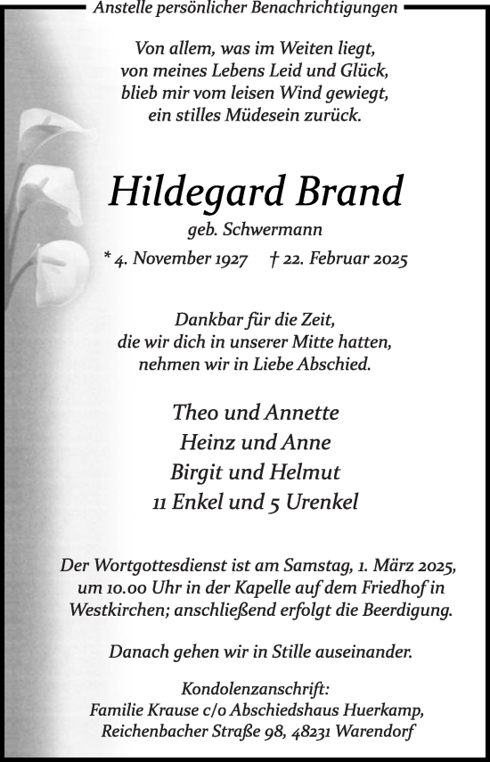 Traueranzeige von Hildegard Brand von Die Glocke