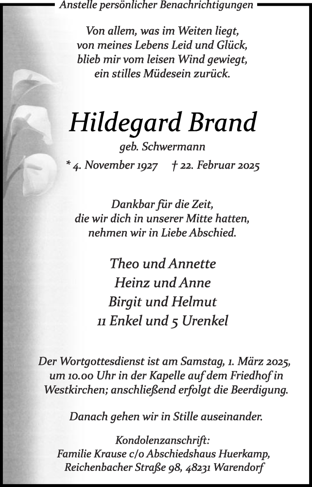  Traueranzeige für Hildegard Brand vom 26.02.2025 aus Die Glocke