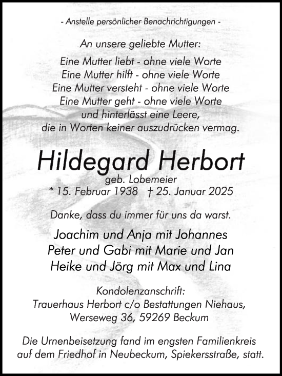 Traueranzeige von Hildegard Herbort von Die Glocke