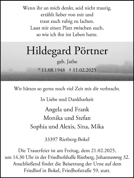 Traueranzeige von Hildegard Pörtner von Die Glocke