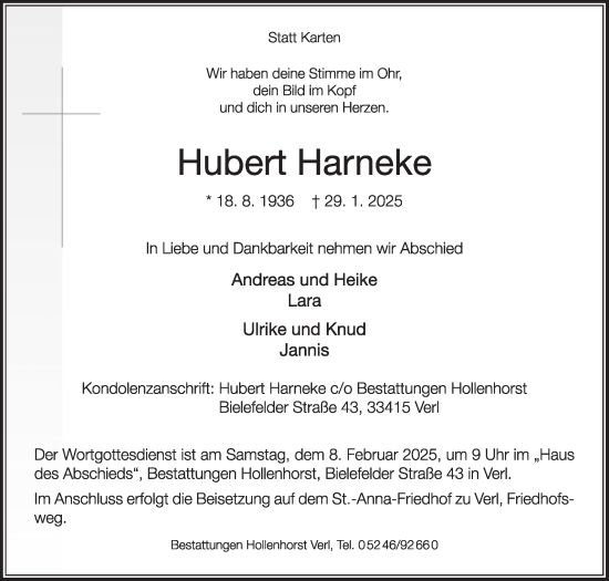 Traueranzeige von Hubert Harneke von Die Glocke