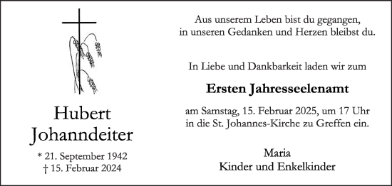 Traueranzeige von Hubert Johanndeiter von Die Glocke