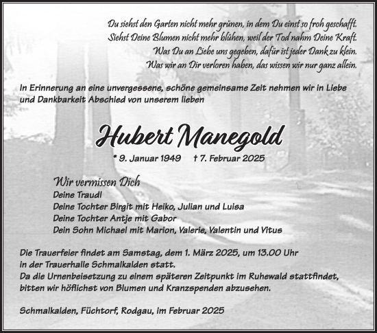 Traueranzeige von Hubert Manegold von Die Glocke