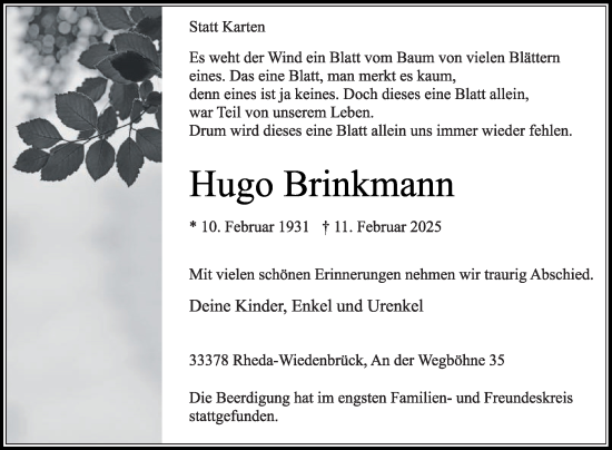 Traueranzeige von Hugo Brinkmann von Die Glocke