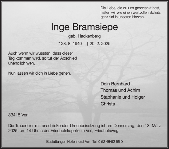 Traueranzeige von Inge Bramsiepe von Die Glocke