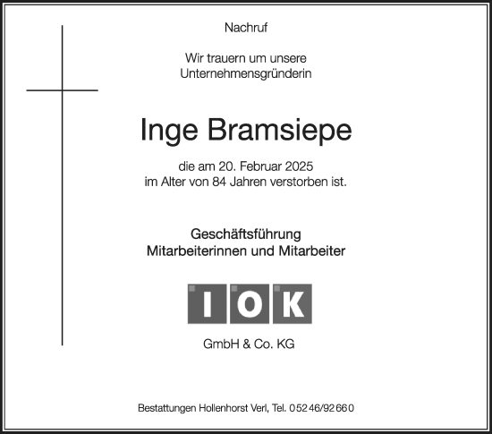 Traueranzeige von Inge Bramsiepe von Die Glocke