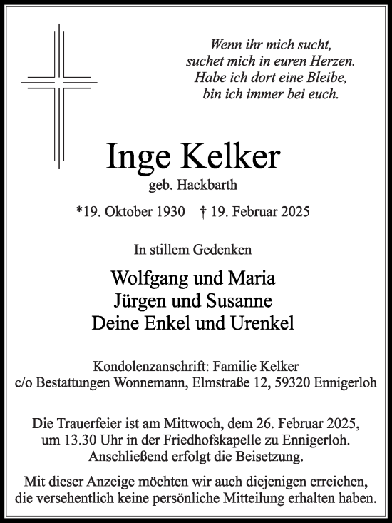 Traueranzeige von Inge Kelker von Die Glocke