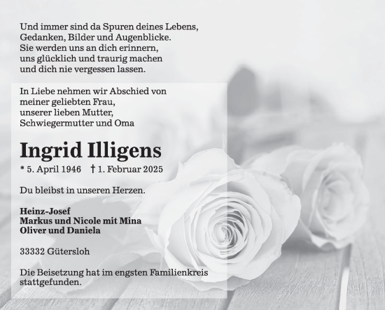 Traueranzeige von Ingrid Illigens von Die Glocke